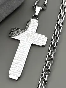 Christian Bible Jesus Cross Chain Necklace Cross Jewelry Print Stainless Steel Pendant Necklaces for Women Men Religious Prayer Amulet Gift