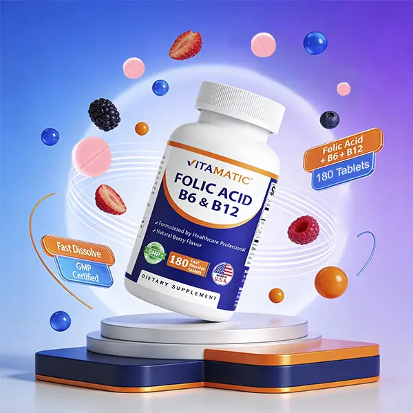 Vitamatic Folic Acid, Vitamin B12 & Vitamin B6 Dietary Supplement - 180 Fast Dissolve Tablets, Natural, Non-GMO, Gluten-Free, Made in USA, Supports Heart Health & Energy