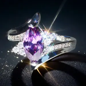 B Romantic and Elegant Ring for Women Inlaid with Marquise Shaped Purple Cubic Zirconia Bride Eternal Engagement Promise Wedding Anniversary Ring Daily Accessory Valentine S Day Christmas Mother S Day Gift
