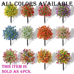 4 Bundles Artificial Violet Rose Bushes with Stakes, Outdoor UV-Resistant & Waterproof Faux Flowers, Fake Flowers, for Porch, Patio & Garden Decor, Various Colors Available, Ideal for Living Room Decor, Can Be Potted or Planted (Pot Not Included)