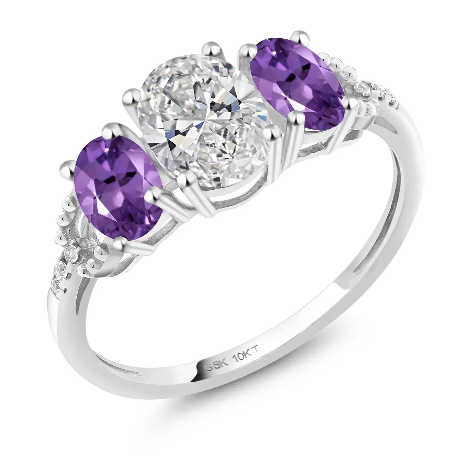 Gem Stone King 10 Karat White Gold Elegant Engagement Ring - IGI Certified Lab Grown 1.00 Ct Oval Center Diamond, Purple Amethyst 3-Stone Band, 1.92ct Total, D-E Color, VS1-VS2 Clarity, Wedding Bridal Ring Set