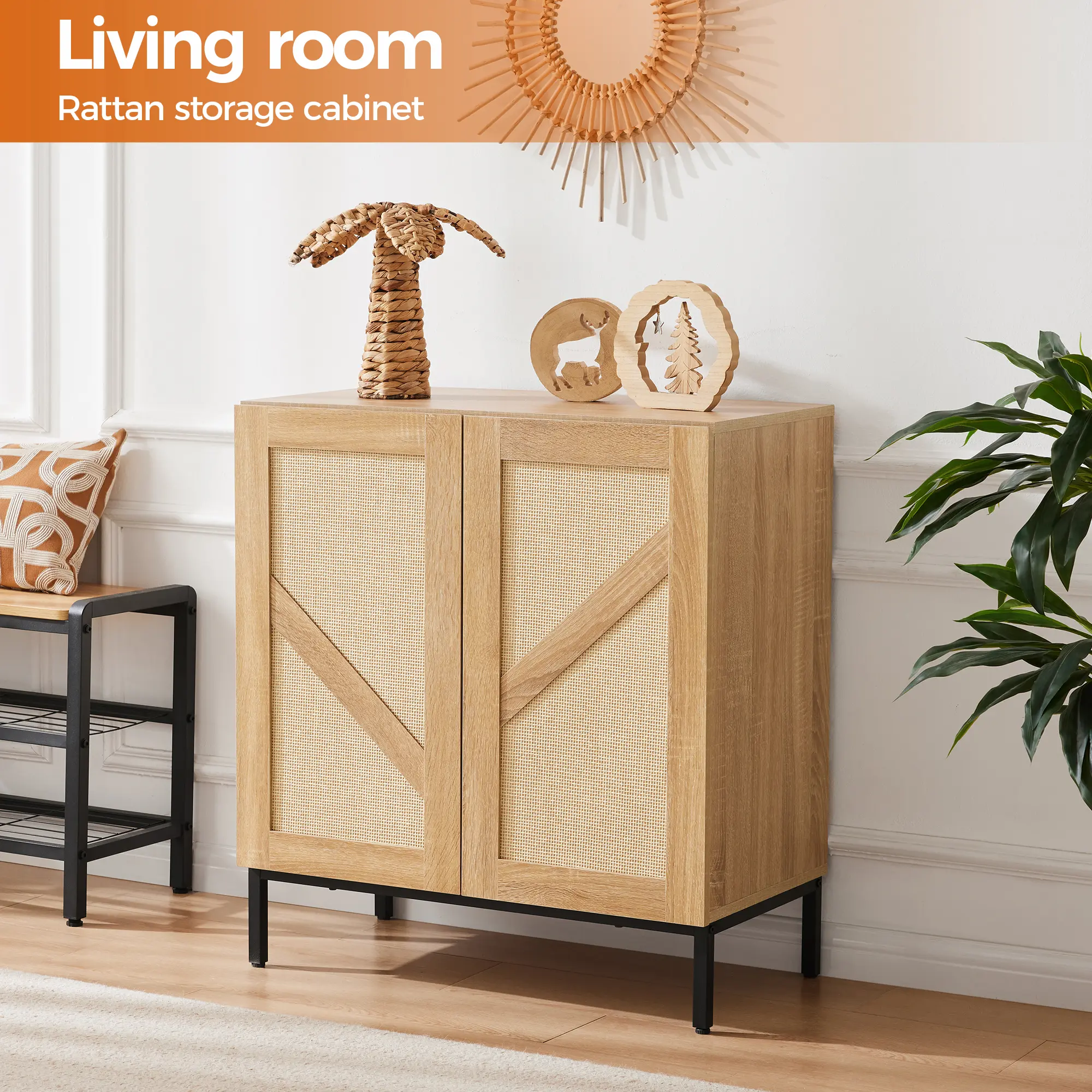 2-Door Natural Rattan Sideboard Buffet Cabinet - Adjustable Shelves, Sturdy, Eco-Friendly Finish, Modern Home Furniture, Wooden Bohemian Storage for Dining Room-Entryway, Coffee Bar Console Table Compatible, Assembly Required, 60-Day Exchange, 31.4X15x30"