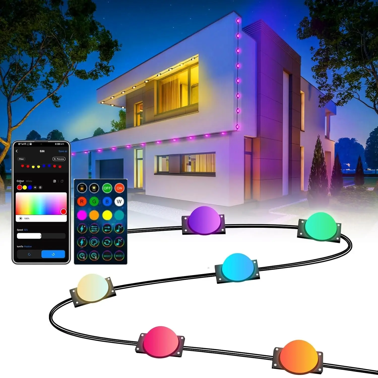 Smart RGBIC 60FT/30FT Permanent Outdoor Lights with 75 Scene Modes, Garden & Eaves Lights, Remote Control with App & Voice Control - Home, Led Strip Light, Led Dimmable