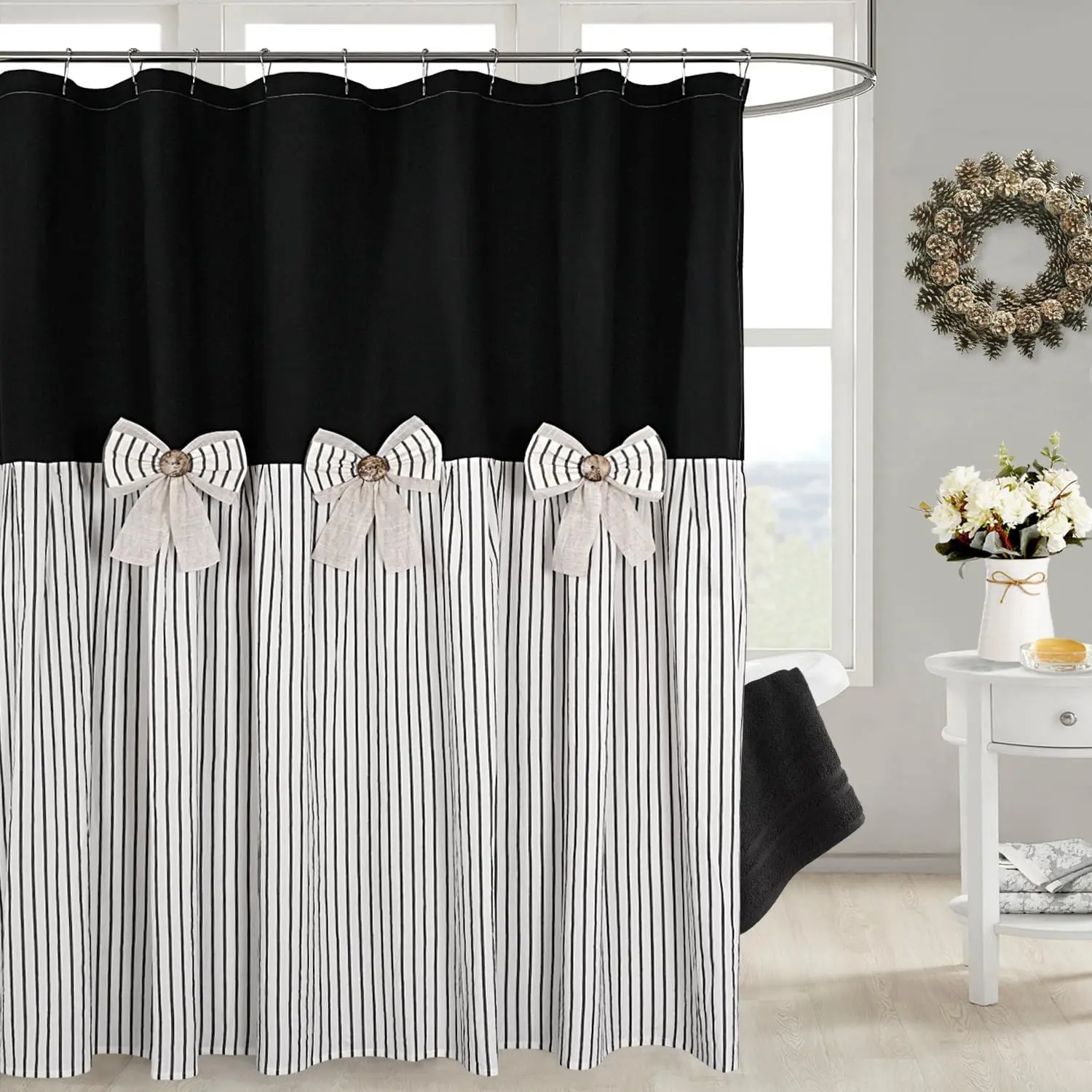 Black Linen Shower Curtain with Stripes Pattern and Bowknot Decorator for Elegant Bathrooms Black Linen Shower Curtain with Stripes Pattern and Bowknot Decorator for Elegant Bathrooms