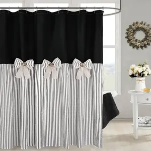 Black Linen Shower Curtain with Stripes Pattern and Bowknot Decorator for Elegant Bathrooms