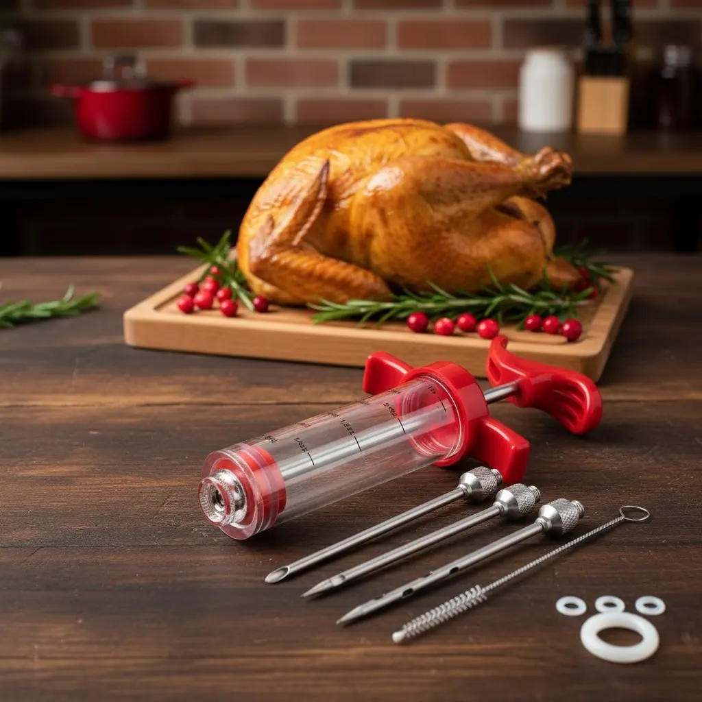 Portable Lightweight Compact 1-oz Plastic Kitchen Meat Injector Syringe Kit - For Thanksgiving Turkey, BBQ Cooking, Includes 3 Stainless Steel Needles, 3 Replacement O-Rings, 1 Cleaning Brush, Ideal for Seasoning, Utensils