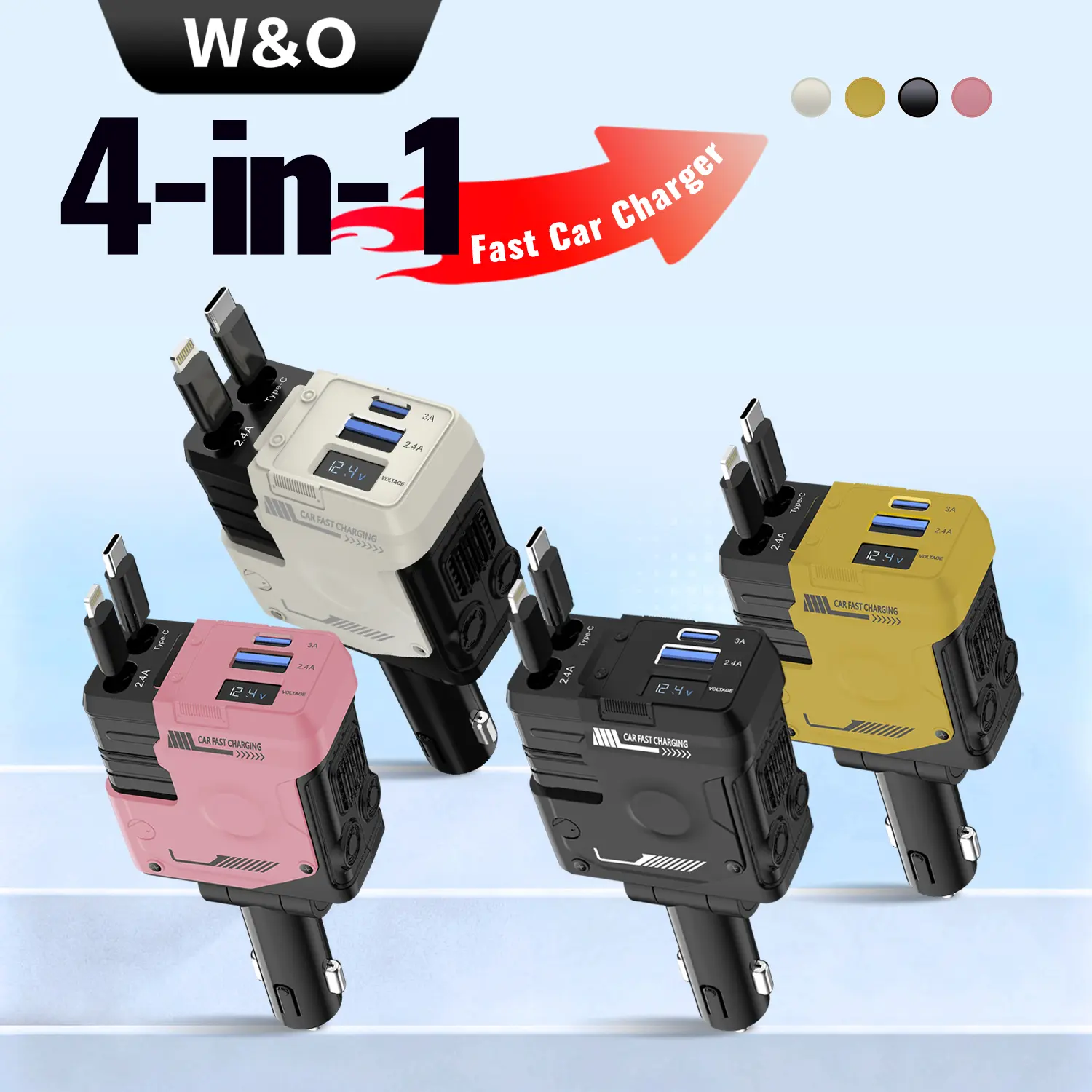 W&O【Updated】2PCS Retractable Car Charger 4 in 1 USB C Fast Charging Adapter with Dual Charge Port, Lightning Cable, Compatible with Electronic Cellphone Mobile