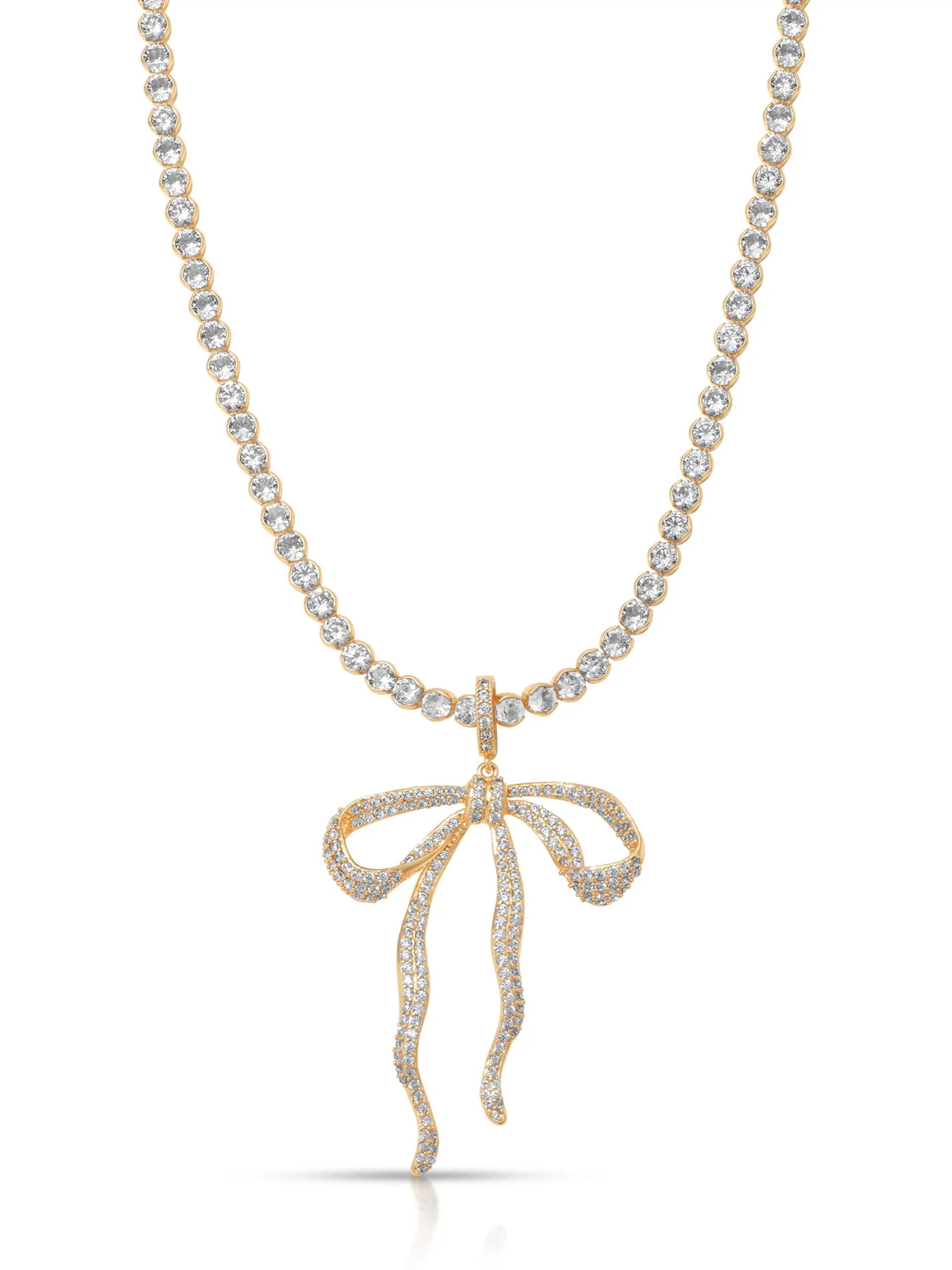 Ettika Pave Bow Tennis Necklace 18k Gold-Plated Brass with Cubic Zirconia Bow Pendant 12.5" Length with 5" Extender Chain Clasp Closure