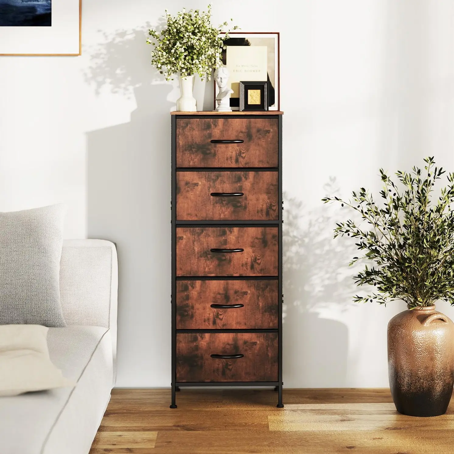 Modern 5-Drawer Bedroom Dresser with Fabric Storage Bins - Sturdy Steel Frame, Freestanding or Stackable Organizer Storage Chest, Space-Saving Vertical Design, Spacious Drawers, Durable Artificial Wood Top, Easy Assembly for Bedroom, Closet, Storage Furni