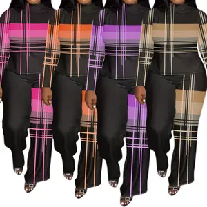 Plus Size Women's Elegant 2 Piece Set - Casual Geometric Pattern Long Sleeve Top Hem Slit & Loose Wide Leg Pants Curvy Fashion Outfit