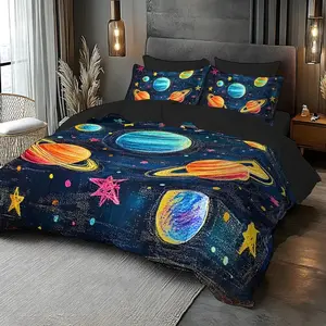 3-Piece Hand-Drawn Universe Planet Print Decorative Bedding Set, Soft Polyester Cotton Fabric, Includes 1 Fitted Sheet & 2 Pillowcases, Home Decor, Bedroom Bedding Set, Bed Sets