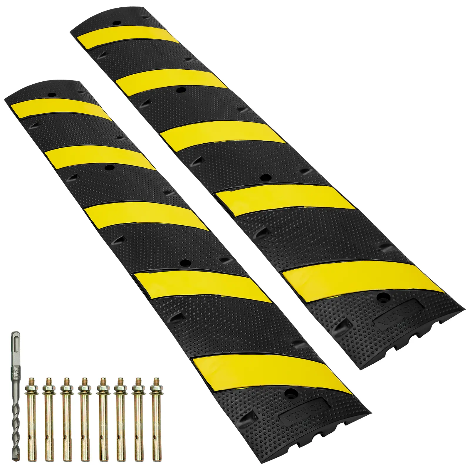 【summerfinds】VEVOR 2PC 6ft/72in Heavy Duty Rubber Speed Humps, 2-Channel, 22000lbs Capacity, with High-Reflective Yellow Strips, 8 Expansion Screws & 1 Drill, for Asphalt Concrete Roads, Tools And Gadgets