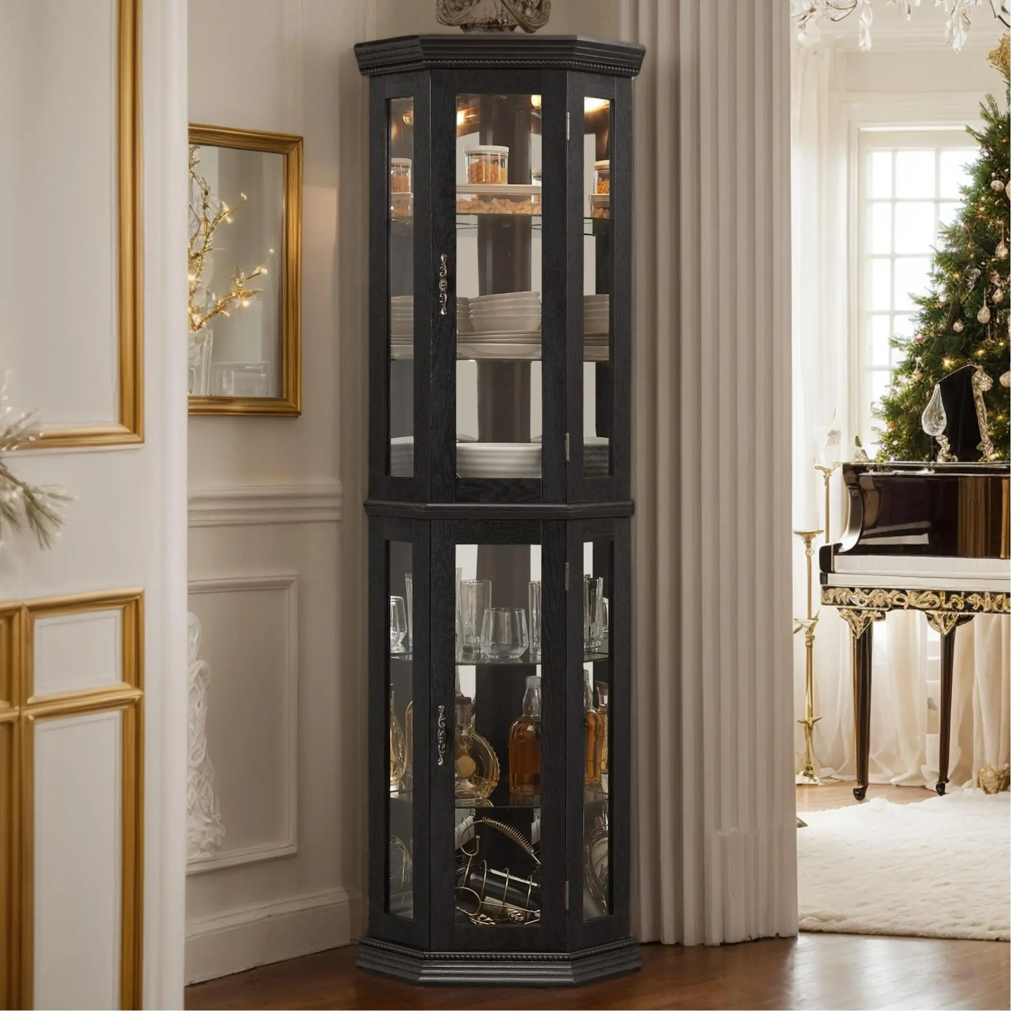 Eyisean 70" Glass Display Cabinet with Built-in Light Bulb, Tall China Cabinet, Curio Cabinet with Adjustable Shelves, Multi-Purpose Corner Storage Cabinet for Living Room Dining Room Home Office