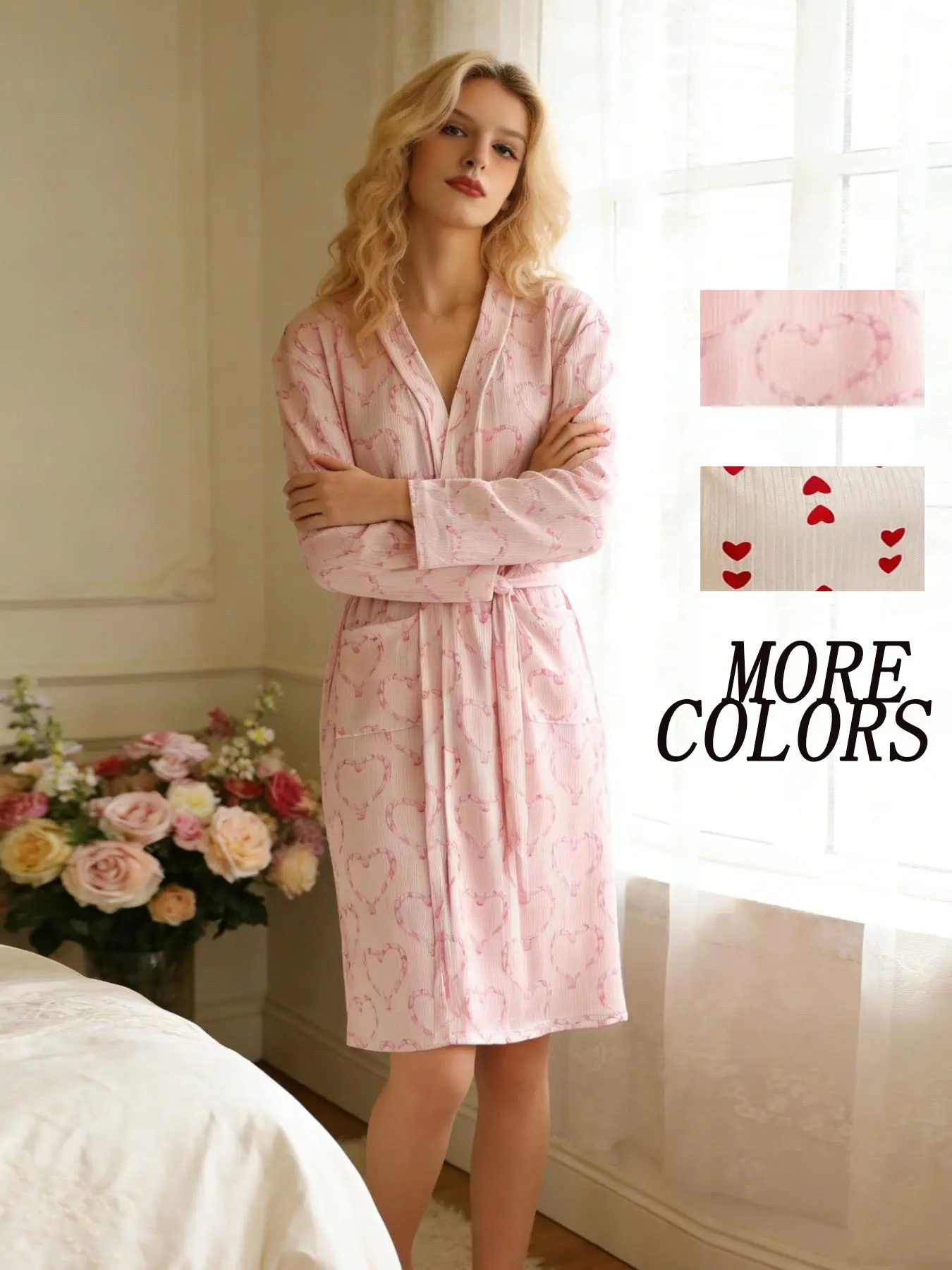 Heart Print Textured Loose Robe for Women, Gowns, Tie Waist Adjustable Long Sleeve V Neck Home Morning Dress, Comfortable Soft Cute Sleepwear Loungewear for Daily Use
