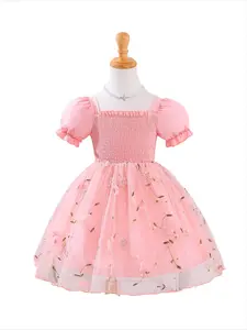 Toddler girl pink floral tulle dress features puff sleeves, smocked chest & soft mesh. Perfect for summer birthdays, photo shoots or parties. Cute, comfortable & trendy! Floral Pattern Dress #KidsFashion #ToddlerOOTD #SummerDress