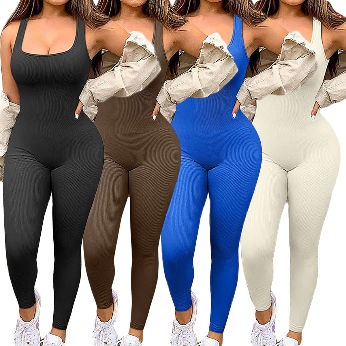 Women's Sports Jumpsuit, Solid Color Sleeveless U Neck Full Length Skinny Fit Activewear in High Stretch Fabric for Dance, Spandex, Dance Clothing, Knit, Long Length, Female, Nylon, 1-Piece Bodysuit, Skinny Cut