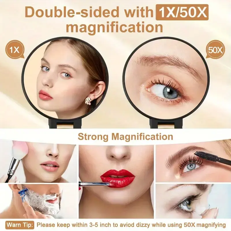 50x Magnifying Mirror with Dual-Sided 1X/50X Magnification - Portable Handheld Makeup Mirror with 360° Adjustable Handle, Foldab