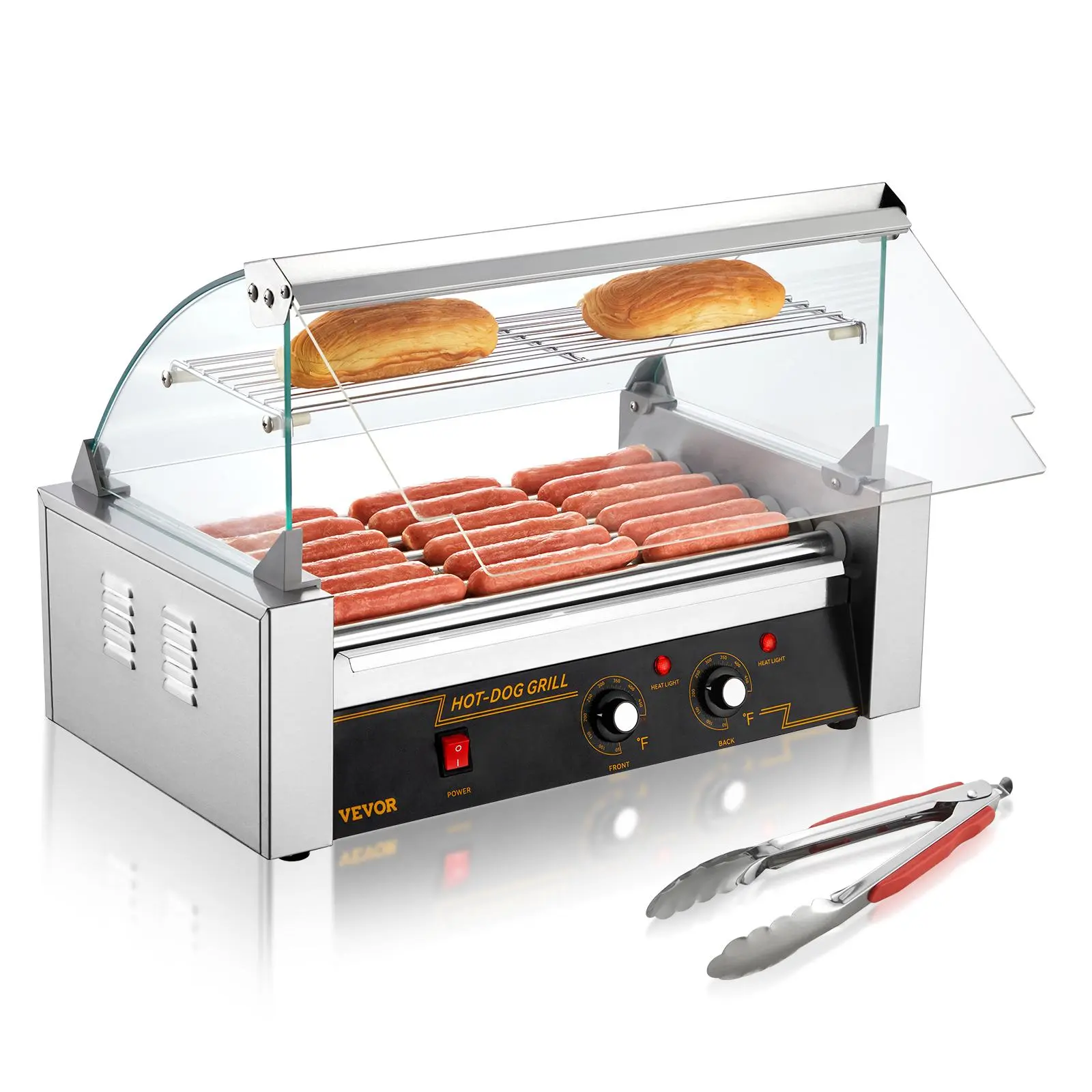 VEVOR Stainless Steel Hot Dog Roller Grill Cooker Machine, 7 Rollers, 18-Capacity, 1050W, 482°F Temp Dial, Front Hot-Back Cook, Glass Hood, Bun Warmer Shelf, Removable Tray, ETL Certified, Ideal for Meatballs, Family Parties, Includes Cleaning Brush