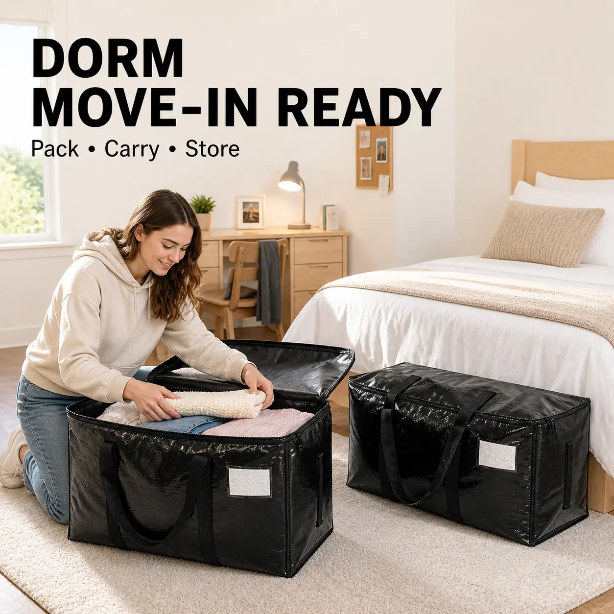 Extra Large Moving Bags for Home Supplies, 24gal Reusable Organiser Totes with Zippers, Reinforced Wraparound Handles, Clear Label Pocket, Waterproof Folding Bags for College Dorm & Apartment Moves