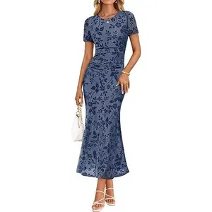 ZESICA Women's Summer Short Sleeve Floral Bodycon Dress 2026 Ruched Mesh Wedding Guest Cocktail Party Maxi Dresses