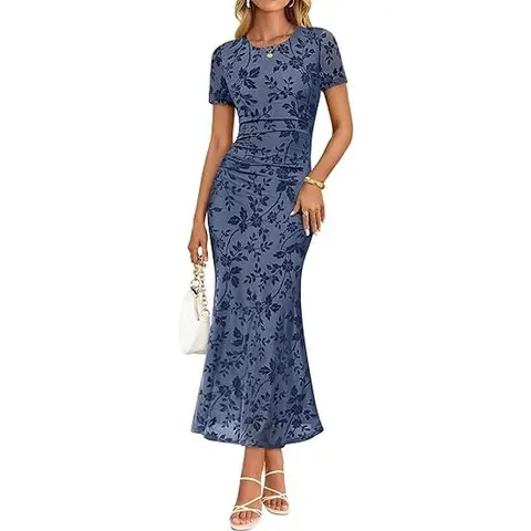 ZESICA Women's 2026 Summer Short-Sleeve Floral Ruched Mesh Bodycon Maxi Dress - Elegant Wedding Attire, Semi-Formal Night Out Chic Clothing for Wedding Guests