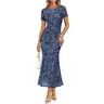 ZESICA Women's 2026 Summer Short-Sleeve Floral Ruched Mesh Bodycon Maxi Dress - Elegant Wedding Attire, Semi-Formal Night Out Chic Clothing for Wedding Guests