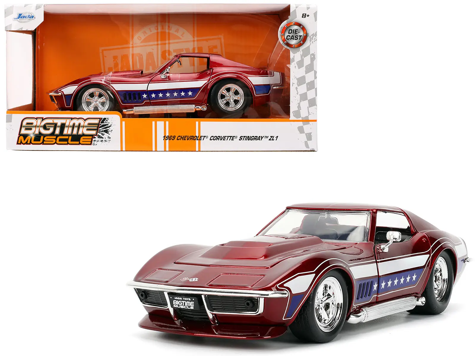 1969 Chevrolet Corvette Stingray ZL1 Red Metallic w/Stars and Stripes Graphics "Bigtime Muscle" 1/24 Diecast Model Car by Jada