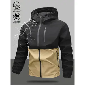 Men’s regular-fit waterproof windproof jacket with letter print and zipper; casual, lightweight, breathable detachable hooded jacket for outdoor activities; fashionable men’s outerwear for all seasons; durable rain gear; coats; menswear