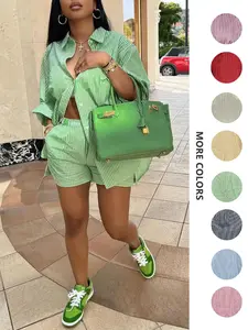Women's Striped Print Pocket Split Hem Shorts Set, Women's 2 Piece Sets, Chic Casual Long Sleeve Collared Top & Elastic Waist Shorts, Summer Outfits, Holiday Outfits, Womenswear, Soft Clothes, Summer Beach Set, Lady, Soft Lounge Sets, Summer Clothing Set
