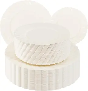 100 Piece Ivory Scalloped Plastic Plates for Party - Plastic Plates Disposable Heavy Duty - High End Disposable Plates for Wedding Including 50PCS 9 '' Dinner Plates & 50PCS 6.5 '' Dessert Plates