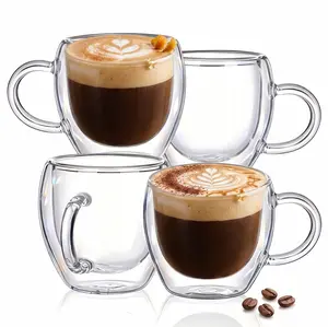 Espresso Cups Set of 4 with Handle, 2.5oz Expresso Coffee Cup, Small Expresso Shot Glasses, Clear Double Wall Insulated Espresso Mugs,Tazas de Cafe Expreso, Suit for Espresso Machine Accessories