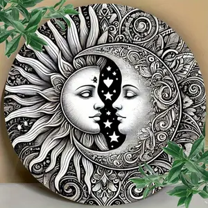 1pc 7.8-Inch Moon & Sun Metal Wall Art – High-Definition 2D Printed Iron Plaque with Intricate Celestial Design, Durable Indoor/Outdoor Decor for Home, Garden & Porch – Ideal Birthday, Christmas & Holiday Gift