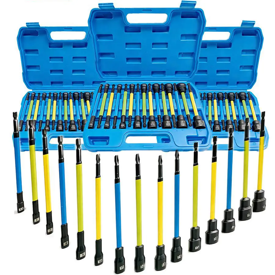 15Pcs Extra Long Magnetic Hex Nut Driver Bit Set, Metric CR-V Steel Impact Grade Socket Driver Bits Kit, Portable Storage Pouch for Cordless Drill & Impact Driver