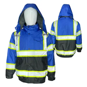 Royal Blue with black bottom Hi Visibility Reflective Safety Bomber Rain Jacket / Blue Safety Jacket with Sherpa Insulation to keep warm in cold weather (see sizing information on description)