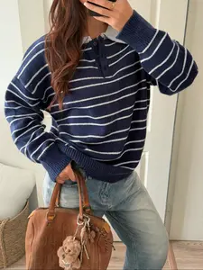 Women Royal Blue Striped Collared Sweater Loose Fit Pullover Contrast Collar Long Sleeve Knit Top Casual Preppy Vintage Style French Chic Soft Cozy Knitwear Fall Winter Fashion Streetwear Warm Everyday Jumper Knitted Sweater Knit Sweater Clothing