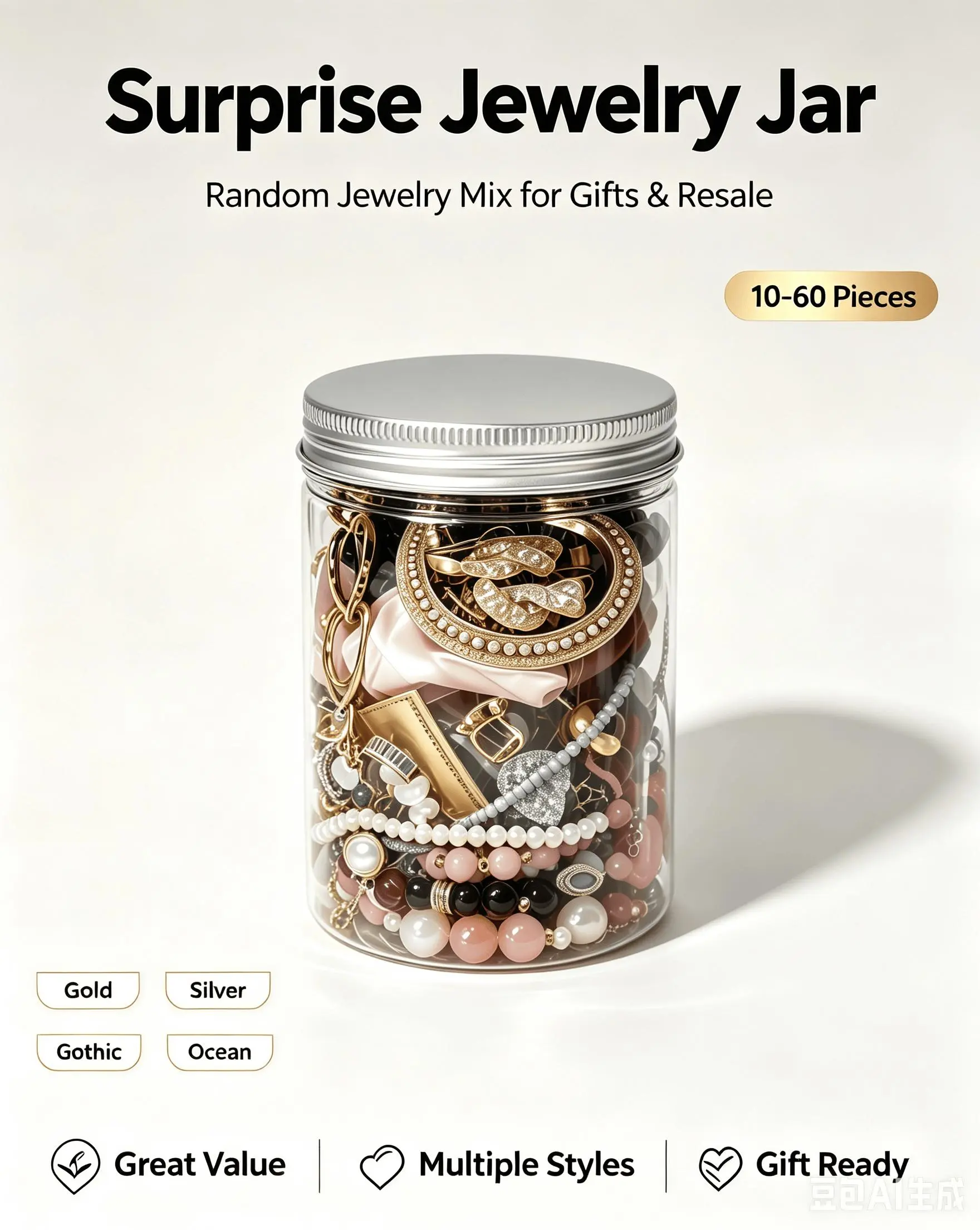 Surprise Jewelry Jar Random Mix, Gold/Silver/Gothic/Ocean Style Bulk Jewelry Set, 10-60Pcs Assorted Necklaces Rings Earrings Bracelets, Mystery Jewelry Pack Perfect For Daily Wear Gift Resale, Cute Fashion Women Costume Jewelry