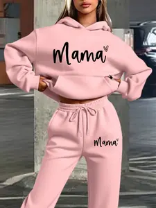 Women's Hooded Sweatpants Set, Fall & Winter Warm Soft Clothing, Mama Heart Letter Print Casual Comfortable Fit, Daily Wear