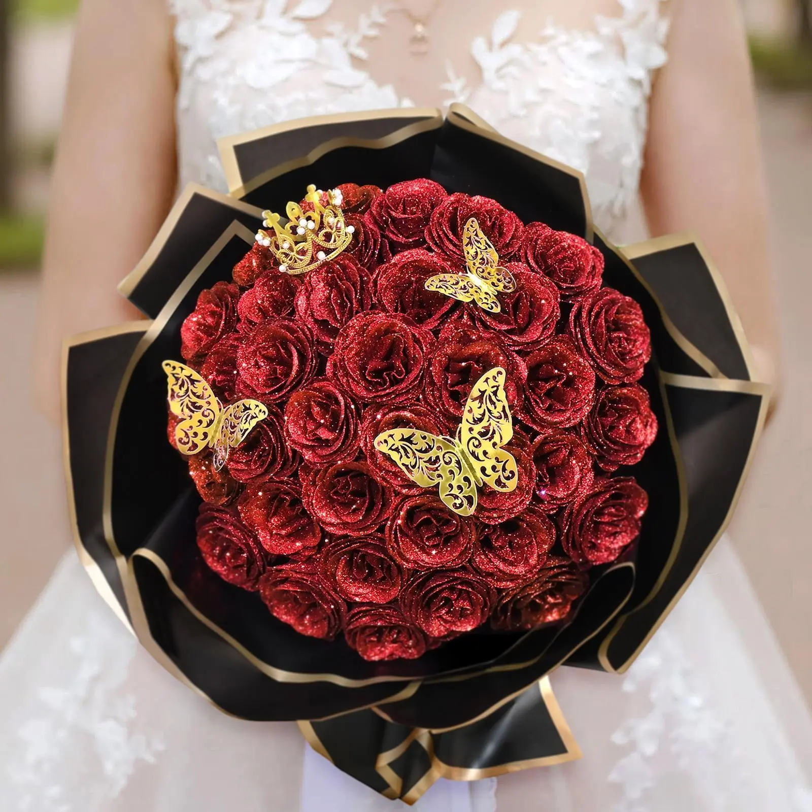 Decorative DIY Artificial Rose Bouquet Set - 36 Glitter Bouquet-Shaped Artificial Flowers with 3D Butterflies, Crown, Alphabet Stickers, Ribbon; for Wedding, Room Decor, Valentine's Day Gift (No White Pearlescent Tulle)