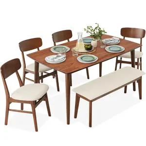 Best Choice Products 6-Piece Mid-Century Modern Upholstered Wooden Dining Set w/ 4 Chairs, Bench