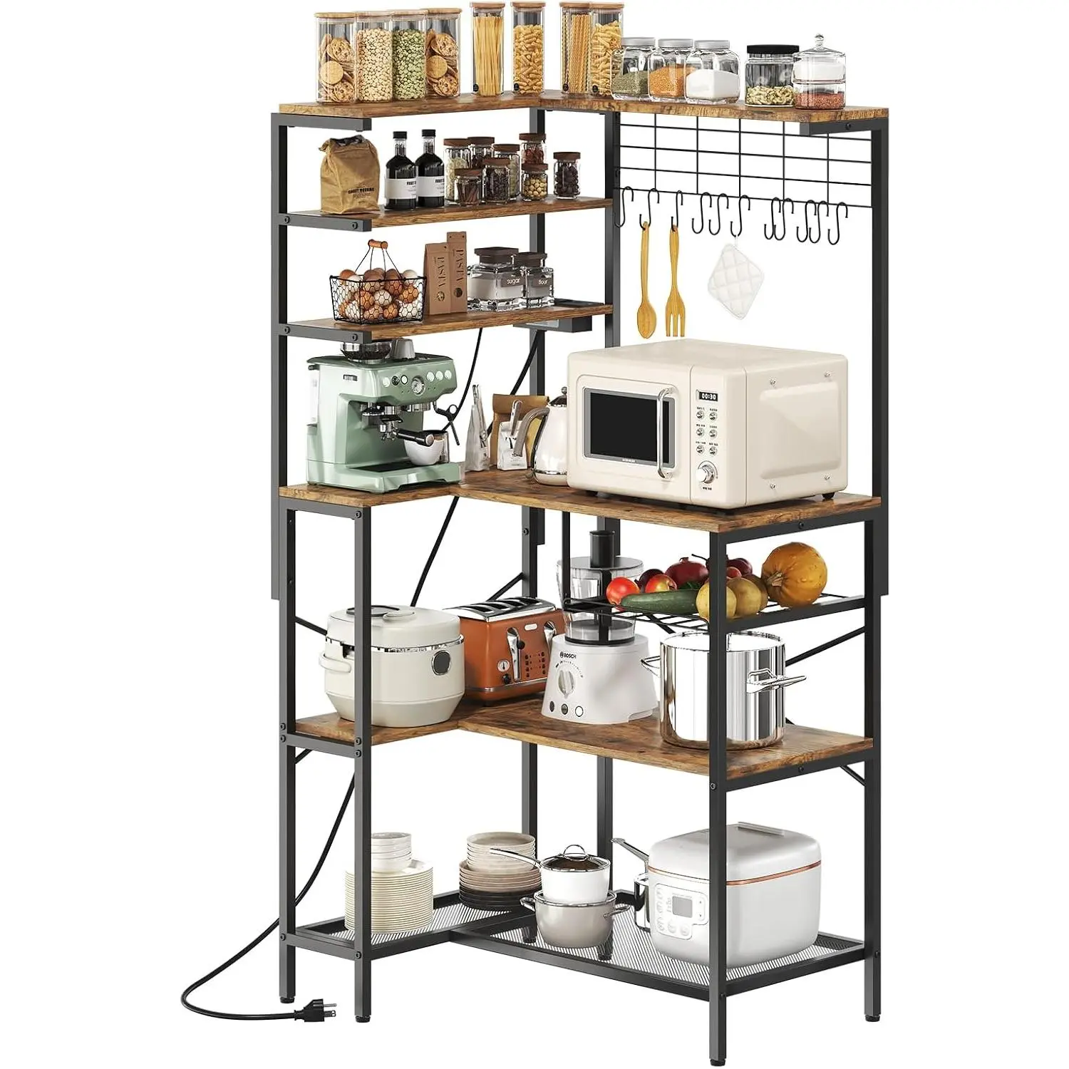 White L-Shaped Corner Rack Kitchen Furniture, 6-Tier Baker's Rack with Power Strip - 3 AC Power Outlets, 2 USB Outlets, On/Off Switch, Lined Wire Basket, Mug Hooks, Open Storage Microwave Stand Coffee Bar