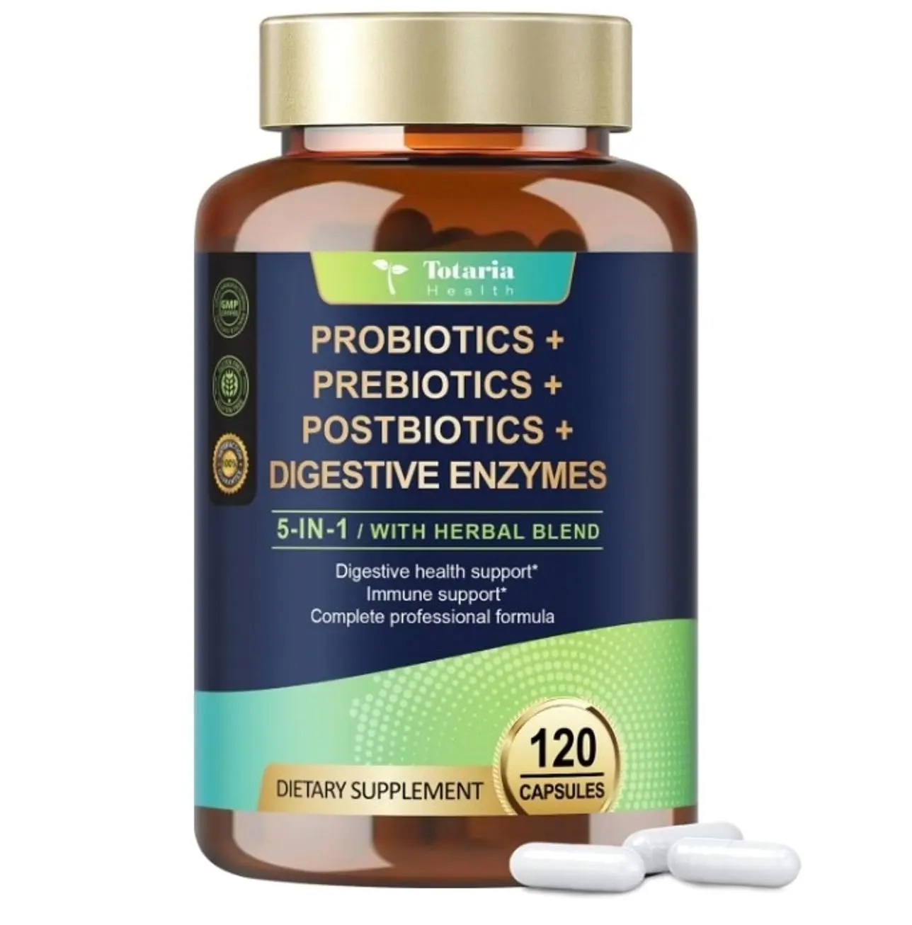 5-in-1 Probiotic Prebiotic & Postbiotic for Women Men, 60 Billion CFU 24 Strains w/Digestive Enzymes, Prebiotic Fiber, Slippery Elm, Daily Complete Immune, Gut Health, 120 Day Supply