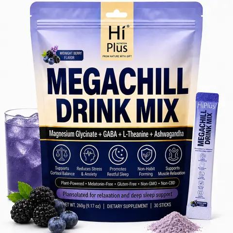 HiPlus MEGACHILL Metabolic Support Formula,Magnesium Complex for Women,Bloating & Mealtime Discomfort Support & Gut Health | Magnesium Blend with Vitamin D3, Ashwagandha & More | 30 Packets - Filler Free, Non-GMO Midnight Berry Flavor