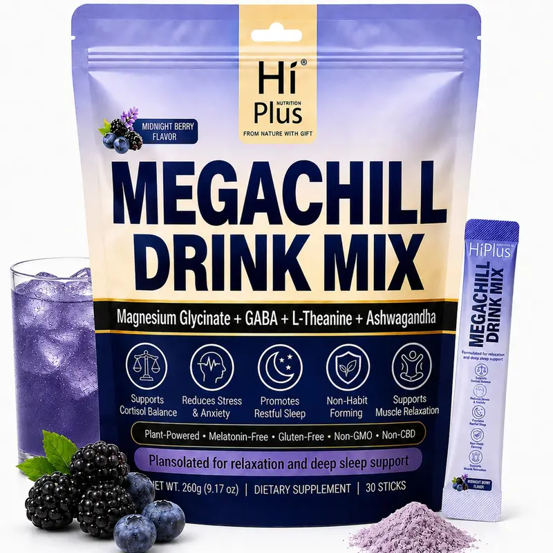 HiPlus MEGACHILL Metabolic Support Formula,Magnesium Complex for Women,Bloating & Mealtime Discomfort Support & Gut Health | Magnesium Blend with Vitamin D3, Ashwagandha & More | 30 Packets - Filler Free, Non-GMO Midnight Berry Flavor