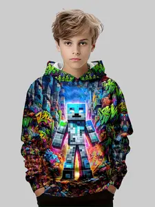 Boys Colorful Block Hoodie Sweatshirt, Casual Sweatshirts, Graffiti Style Casual Fitted Long Sleeve Top, Spring Fall Winter Outdoor Wear