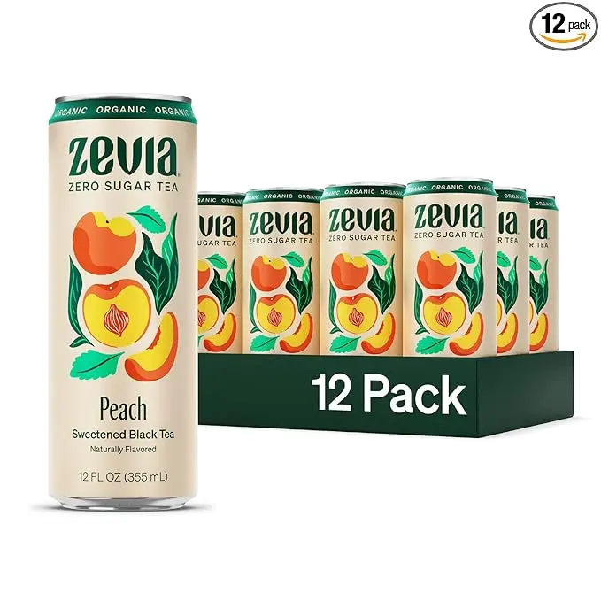 Zevia Zero Sugar Peach Black Tea, 12 Pack 12 oz Cans, Naturally Sweetened Ready to Drink Tea, Zero Calorie, Non GMO Project Verified, Gluten Free, Vegan