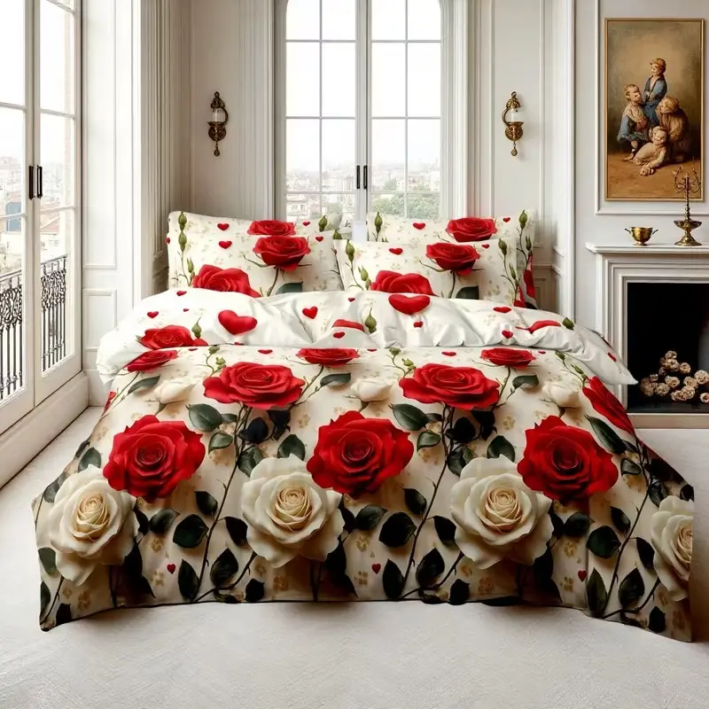 Romantic Rose 5D Down Comforter Set, Vine Pattern, Bedroom Decor, Soft and Cozy Bedding, Theme Bedding Set, Printed Bedding Set, Perfect Gift Choice, Decorative Bedding Set, 3 Piece Set