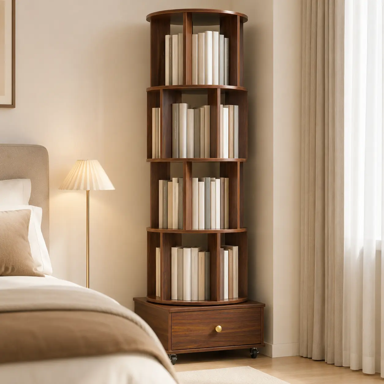 2–4 Tier Rotating Bookshelf with Wheels & Drawer, 360° Spinning Bookcase, Space-Saving Corner Book Storage Organizer for Bedroom, Walnut Finish