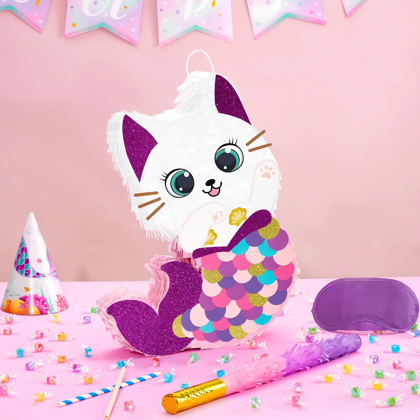 【Clearance】WERNNSAI Handmade Mermaid Piñata Girls Boys - Kids Birthday Party Bundle with Blindfold, Bat and Stick, Carnival Decorations for Under the Sea Summer Fiesta Party Supplies, piñata para niños fiesta cumpleaños infantil(15.7"x12.2"x3.1")