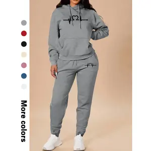 Heart Pattern Hoodie and Jogger Pants Set for Women, Casual Spring & Fall Fashion, Comfortable Fit, Daily Wear, Stylish