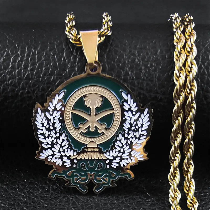 Elegant Chain Jewelry Necklaces for Male with Emblem of Saudi Arabia Pendant, 316L Stainless Steel National Symbol
